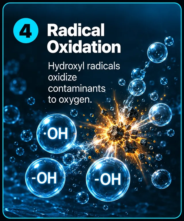 Step 4: Radical oxidation. Hydroxyl radicals break down a contaminant.