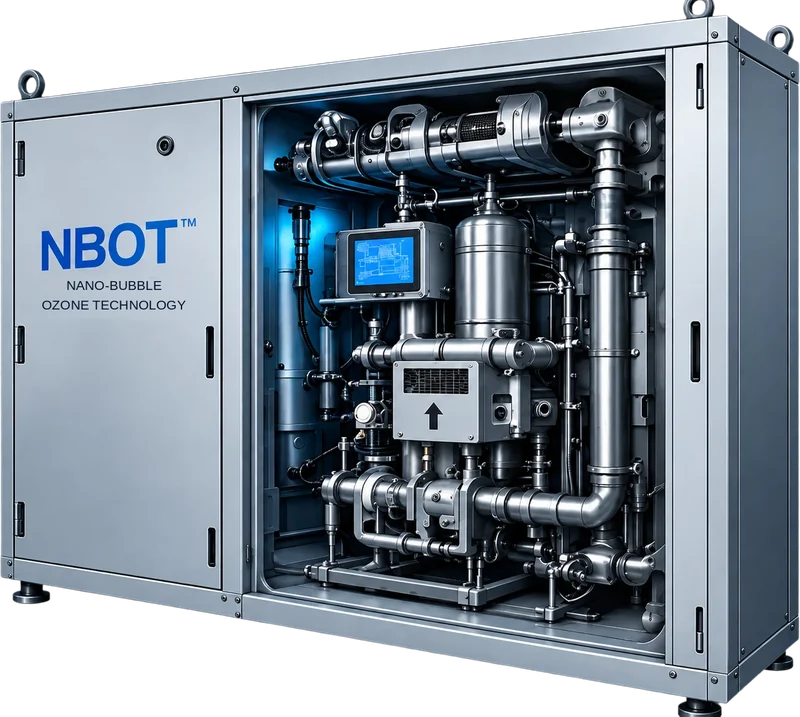 NBOT nano-bubble ozone treatment unit with access door open, showing the internal piping, tank and control screen.